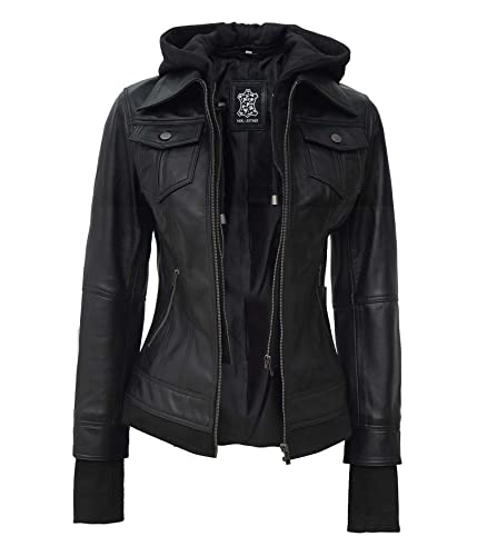 fjackets Bomberjacke aus Leder mit Kapuze für Damen, echtes Lammfell für Damen, Lederjacke mit abnehmbarer Kapuze, Betty Lederjacke mit Kapuze, Schwarz, XL