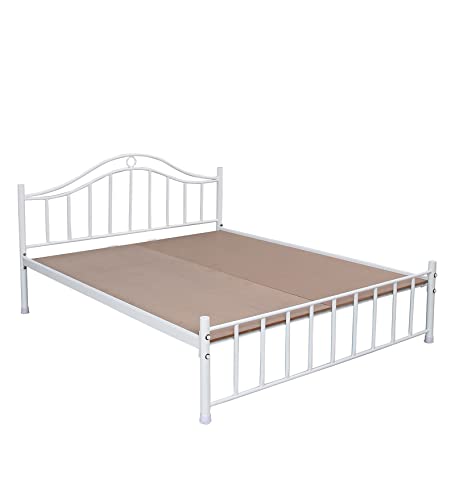 Image of Globally Indian Signature Designs Metal Queen Size Bed | Modern Bed with Sturdy Frame & Easy DIY Assembly | Ideal for Bedroom Use 5 x 6 Ft | White Metal with MDF Support