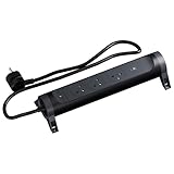 CARACTÉRISTIQUES TECHNIQUES: 3 prises 2P+T 16A, 2 ports USB-C 20W, puissance max 3680W, cordon 1,5m section 1mm², tension 230V, IP20, thermoplastique noir, 100x65mm.