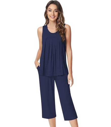 Image of NACHILA Pajamas for Women-Viscose Made from Bamboo, Sleeveless Pjs Tank Top Capri Pants Pajama Sets Cooling Sleepwear