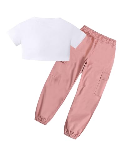 Image of SANGTREE Girls Fall Winter Clothing Sets, Girls Long Sleeve Crop Top and Cargo Jogger Pants Outfit Set,4T-14 Years