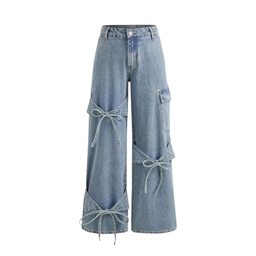 CORIRESHA Women's Baggy Bow Jeans Wide Straight Leg Casual Mid Waisted Y2k Denim Pants