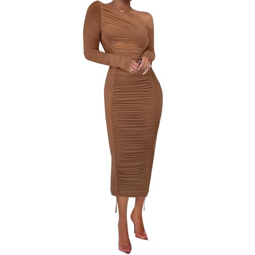 Image of Women Sexy Mesh Maxi Dress Off Shoulder Long Sleeve Bodycon Ruched y2k Club Party Concert Night Rave Outfits