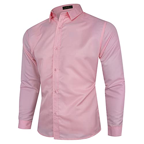 Auwer Men's Long Sleeve Button Up Shirts Solid Slim Fit Casual Business Formal Dress Shirt Turn Down Neck Formal Shirt Pink