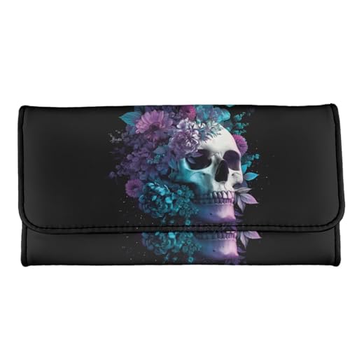 Image of AFPANQZ Women Soft Leather RFID Blocking Bifold Slim Wallets Skull Flower Pattern Ladies Credit Card Holder wtih Pocket, Credit Card Holder