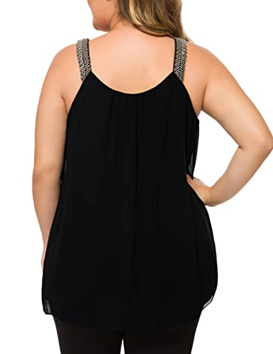 Maner Plus Size Tank Tops For Women Casual Pleated Chiffon Cami With Beaded Strap Blouses (Black, Xxxl/Us 22-24) #TOP1