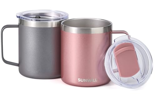 Image of SUNWILL 14 oz Coffee Mug Set, Vacuum Insulated Camping Mug with Lid, Double Wall Stainless Steel Travel Tumbler, Coffee Cup Outdoor, Cool Grey & Rose Gold 2 Pack