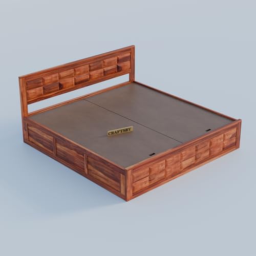 Image of Solid Sheesham Wood Queen Size Bed with Storage | Wooden Double Bed Cot for Bedroom & Home | Palang Double Bed with Designer Headboard | Honey Finish, 81 x 62 Inch