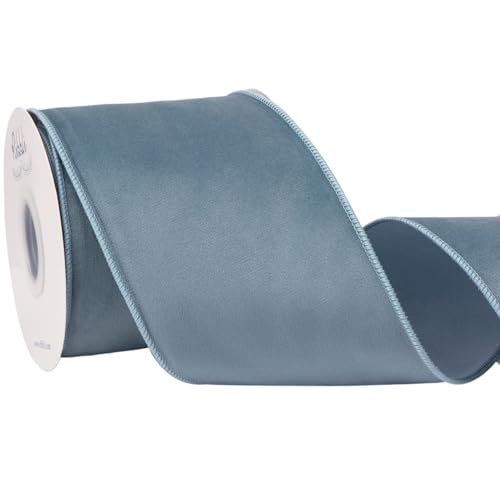 Ribbli Dusty Blue Velvet Wired Ribbon with Dupioni...