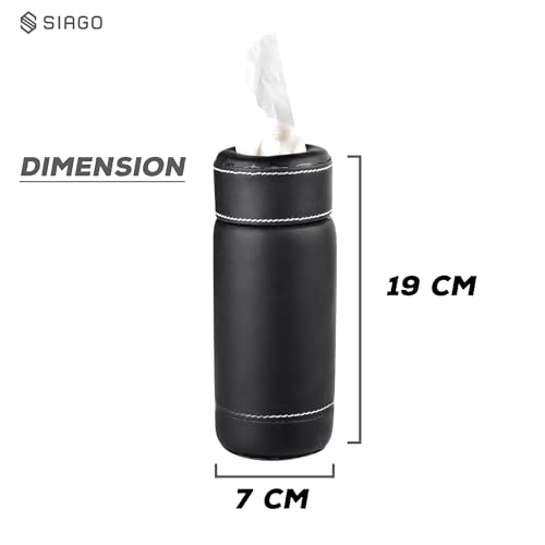 Image of SIAGO SIA135 PU Leather Car Tissue Paper Holder - Cylinder Design, Fits Cup Holder, Ideal for Car, Van, Home & Office (Black)