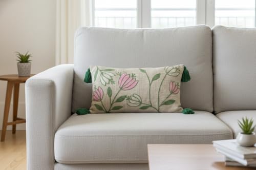 Image of Furnistitchs Boho Rectangle Cushion Cover 12x20 inches | Handmade Decorative Throw Pillow Case | Bohemian Home Decor Sofa Bed Cushion Cover Living Room Bedroom (1, Pink Tulips, 12x20 inches)