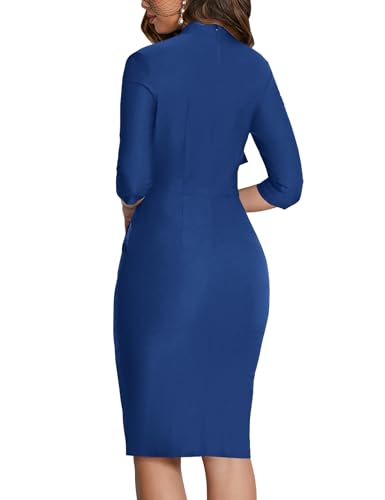 Image of MUXXN Women's Midi Pencil 1950s Vintage Cocktail 3 /4 Sleeve Tie Neck Bodycon Mid-Calf Dress with Pockets