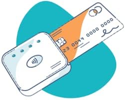 An illustration showing a hand holding a credit card near the contactless payment symbol on a card reader, indicating how to perform a tap-to-pay transaction.