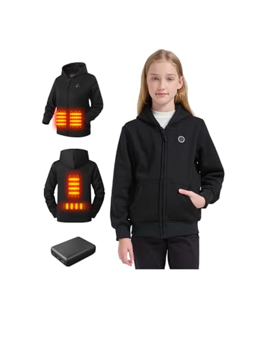 Varmcore Kids Heated Hoodie Electric Fleece Hooded Jacket with 4 Heating Zones for Boys and Girls(Included Battery). Black
