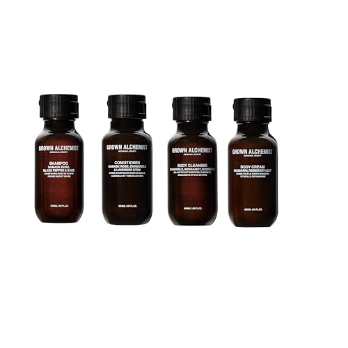 Grown Alchemist Hair, Hand & Body Routine Natural Skincare Kit and Beauty Bag - Hydrating Cleanser 50 ml, Restorative Cream 30 ml, Sulphate, Silicone Free Shampoo and Conditioner 2 x 50 ml
