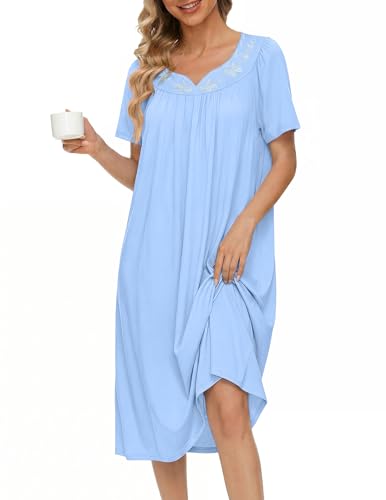 Image of Ekouaer Moo Moos for Women House Dress With Pockets Cotton Nightgowns Short Sleeve Night gowns Embroidered Mumu Dress
