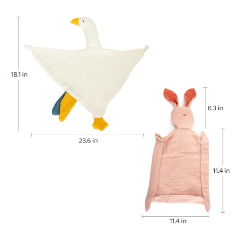 Image of 2-Pack White Goose & Pink Bunny Organic Cotton Muslin Lovey Blanket | Soft Muslin Comfort, Easy Grip Design, Teething Comfort, Self-Soothing Support