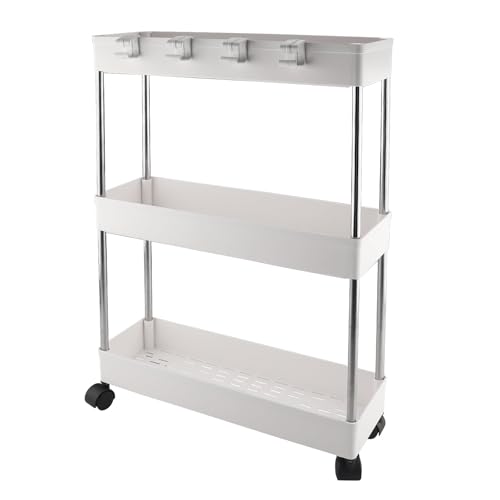 Foymlon Chariot de Rangement 3 Niveaux, Desserte à roulettes Multifonctionnel Mobile Étagère avec roulettes pour Bureau, Salon, Salle de Bain, Cuisine, Buanderie...