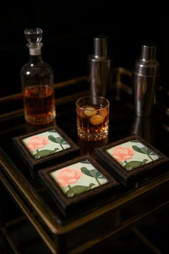 Image of Coaster | Wooden Square Shaped Frame | Stylish Ethnic Tabletop Design | Ideal for Home & Office | Perfect for Tea Cups, Coffee Mugs & Glasses (Lotus, Set of 2)