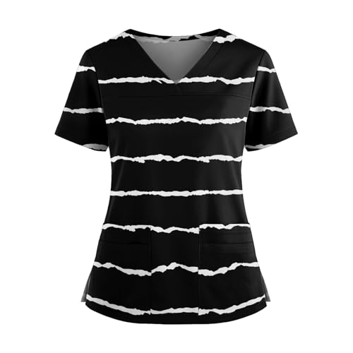 Stretchy Scrubs for Women Set,Print Scrub Tops Floral Scrubs V Neck Short Sleeve Stretch Scrub Uniform with Pockets Functional Workwear（03-Black,X-Large）