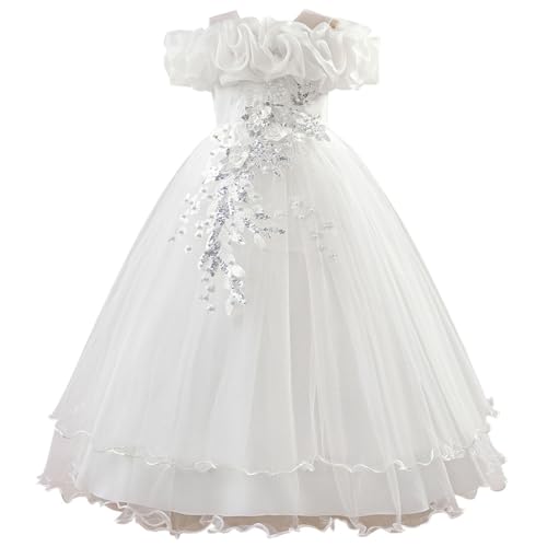 lozssnigzi Robe Demoiselle d'honneur Fille, Blanche Dentelle Noeud Papillon - Robe de Cérémonie Anniversaire pour Demoiselle d‘Honneur, Mariage, Baptême -...