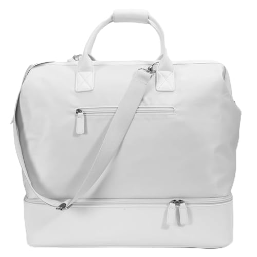 NOBL Travel Weekender Bag for Women & Men, Large Duffel Carry-On Tote with Trolley Sleeve, Separate Shoe Compartment & Laptop Pocket, Leather Overnight Bag for Airplane, Gym, Road Trips - White