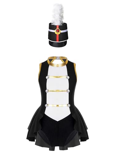 JEYPINMI Kids Girls Circus Ringmaster Outfits Drum Majorette School Marching Band Uniforms Dress with Feather Hat Black 8 Years