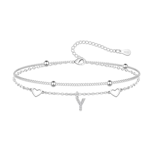 Image of Hcvone S925 Bracelets for Women Girls Silver Heart Initial A-Z Bracelet Layered Bead Bracelets Jewellery For Friends Mum Daughter Sister (Y)