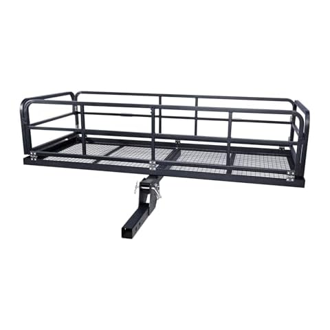 VroomSteel Hitch-Mounted Cargo Basket - 750 Lbs Capacity Hitch Mount Cargo Carrier for 2" Receiver with High Side Rails, Stabilizer for SUV, RV, Truck, Trailer, and Pickup Cover
