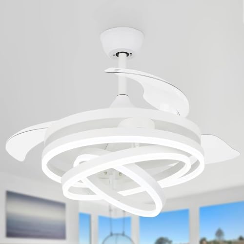 Image of oltao Enigma Modern 42-Inch Dimmable Chandelier Ceiling Fan - White | with Copper BLDC Motor & Retractable Blades | Summer-Winter Mode LED Light Fan with Remote & App Control - for Living Room