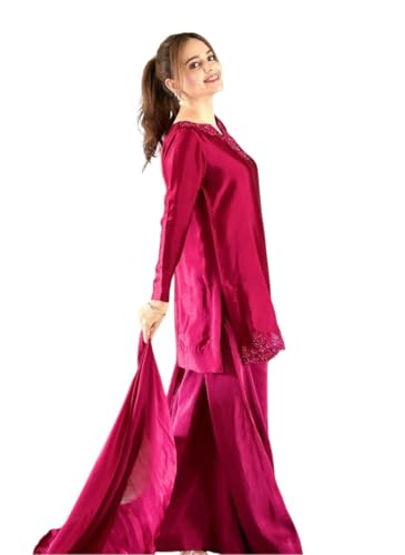 Image of Women's Natural Crepe Silk Kurta Set with Farshi Pant and Dupatta | Embroidery Sequence Work Fully Stitched Ethnic Suit