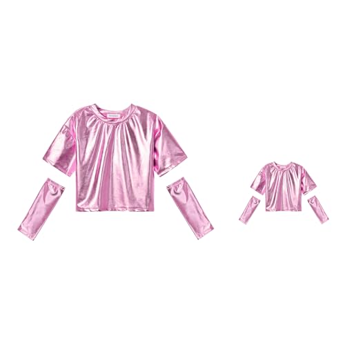 Matching Doll&Girls Sparkly Shirt Pink Shirt for Girls Shiny Long Sleeve Crop Top Dance Outfit Size 6 7