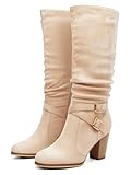 Ermonn Womens Mid Knee High Boots Chunky Heel Slouchy Metal Buckle Side Zipper Fashion Winter Shoes