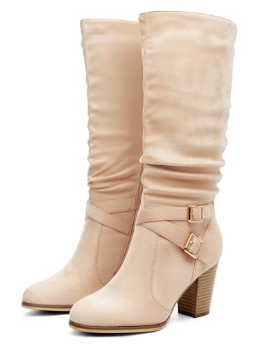 Ermonn Womens Mid Knee High Boots Chunky Heel Slouchy Metal Buckle Side Zipper Fashion Winter Shoes