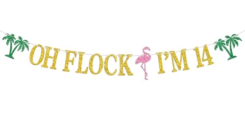 Image of Oh Flock I'm 14 Banner, Glitter Happy 14th Birthday Anniversary Party Decorations, Pineapple Party Decor, Hawaiian Luau Tropical Aloha 14 Theme Party Photo Props