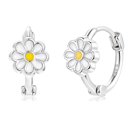 Pendientes de aro de plata 925 con flor fina y circonitas delicadas para mujer
