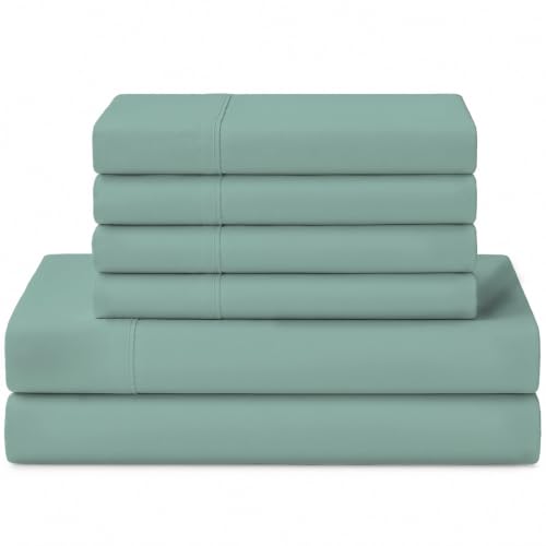 Image of Linen Home 100% Cotton Percale Sheets Queen Size, Aqua Blue, Deep Pocket, 6 Pieces Set- 1 Flat, 1 Fitted and 4 Pillowcases, Crisp Cool and Long Staple Strong Bed Linen