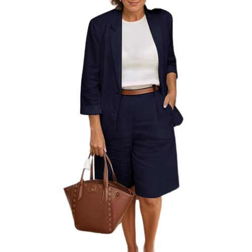 Casual 2 Piece Outfits Cotton Linen Blazer Shorts Sets for Women Summer Plus Size Pants Suits with Pockets