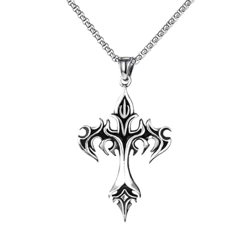 KONFEN Kette Herren Damen mit Anhänger, 24 Kreuz Halskette mit Flammenmotiv Wikinger Kettenanhänger aus Edelstahl für Männer 60cm, Hip Hop Edelstahlkette Kruzifix Necklace Kreuzanhänger Cross Chain