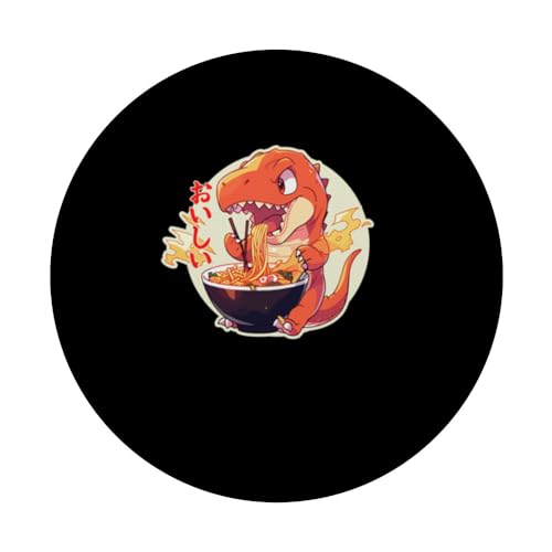 Kawaii Tyrannosaurs Rex Eating Ramen Japanese Yummy Anime PopSockets Swappable PopGrip, Black - Image 3