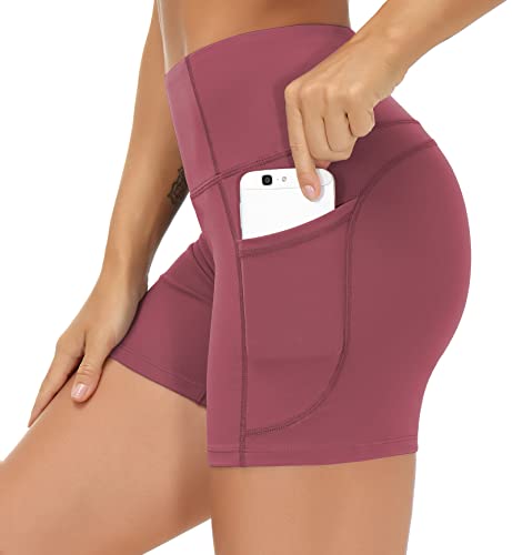 Image of THE GYM PEOPLE High Waist Yoga Shorts for Women's Tummy Control Fitness Athletic Workout Running Shorts with Deep Pockets