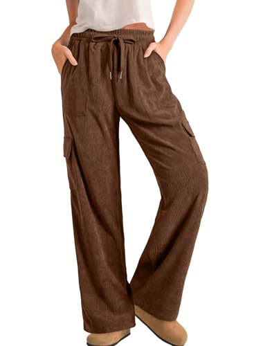 Sidefeel Womens Corduroy Pants Casual High Waisted Elastic Drawstring Cargo Loose Fit Wide Leg Pants with Pockets