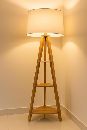 Image of Wooden Tripod Floor Lamp with 3-Tier Shelves, White Fabric Shade, Natural Wood Finish, Modern Corner Standing Light for Living Room, Bedroom and Office