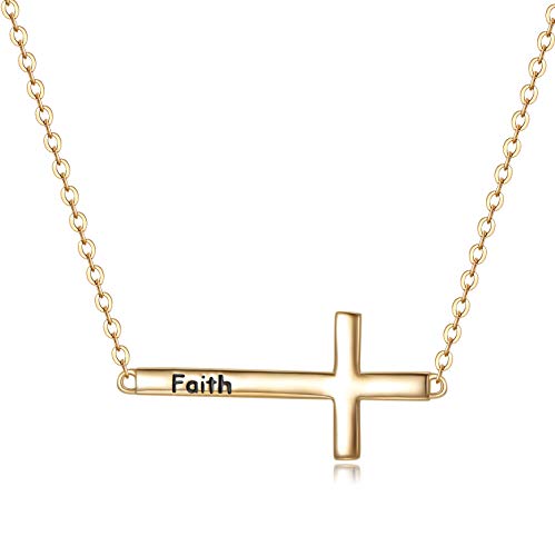 SISGEM 14K Gold Sideways Cross Necklace for Women, Dainty Yellow Gold Engraved Faith Sideways Cross Choker Pendant Adjustable Jewelry for Her, 14