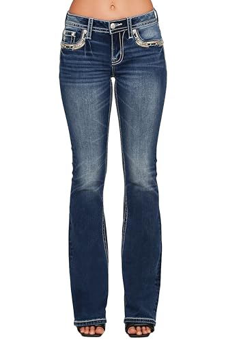 Miss Me Women's Mid-Rise Cheyenne Border Faux Flap Pockets Bootcut Jeans2