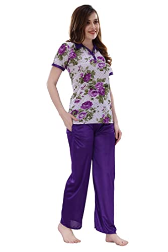 Image of Romaisa Women's Purple and White Night Suit Set for Women - Stylish Pajama Set Sleepwear Lounge Wear Comfortable Nightwear