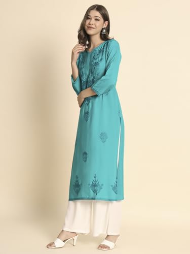 Image of VAIRAGEE Women's Embroidered Lukhnavi Chikankari Work Straight Rayon Ethnic Kurta | Casual Office Kurta for Women