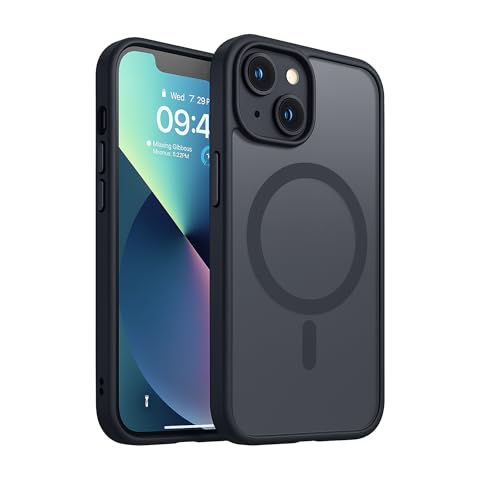 Case for iPhone 13/14, Works with Magnetic Charging Accessories, 6.1-inch, Matte Translucent Shockproof Cover, Military-Grade Protection (Black iPhone 13/14)