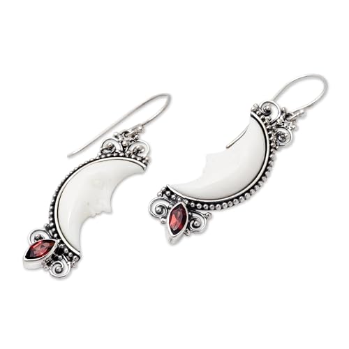 NOVICA Artisan Handcrafted Garnet and Bone Dangle Earrings - Sterling Silver Crescent Moon With French Wire4