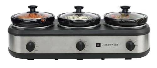 CULINARY CHEF, Triple Slow Cooker, Buffet Server 3 Pot, Food Warmer - Stainless